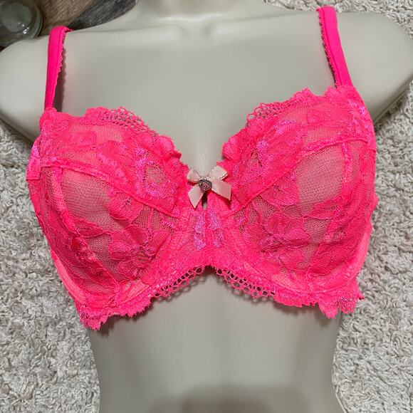 Victoria's Secret 34D Hot Pink Lace Scalloped Unlined Underwire Demi Bra - Picture 2 of 7
